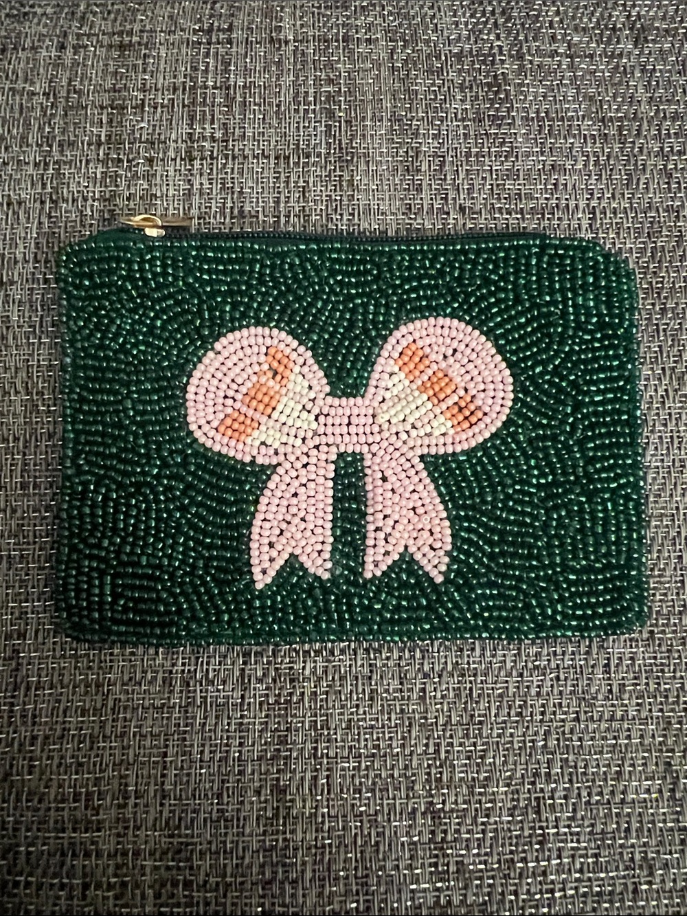 Beaded Green Wristlet Pouch with Pink Bow